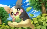  cloud commentary_request day fang gen_8_pokemon hakuginnosora highres holding leaf morpeko morpeko_(full) no_humans open_mouth outdoors pokemon pokemon_(creature) sky smile solo tongue tree 