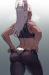  1girl adjusting_clothes alternate_costume animal_ears ass back bangs bare_shoulders black_bra black_pants blush boku_no_hero_academia bra bunny_ears bunny_tail commentary_request cowboy_shot dark-skinned_female dark_skin dimples_of_venus from_behind highres long_hair looking_at_viewer looking_back mirko outline pants parted_bangs profile rabbit_girl ratatatat74 red_eyes see-through shiny shiny_hair solo sports_bra steaming_body sweat tail thighs tight tight_pants toned underwear white_hair yoga_pants 