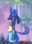  closed_mouth commentary day from_side furry gen_4_pokemon highres imoamaoimmoamim leaf lucario outdoors pink_eyes pokemon pokemon_(creature) solo spikes standing yellow_fur 