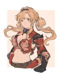  1girl alternate_hairstyle blonde_hair blue_eyes braid breasts cleavage granblue_fantasy hair_intakes hair_ornament highres jewelry large_breasts long_hair looking_at_viewer low_twintails shimatani_azu solo standing twintails very_long_hair weapon zeta_(granblue_fantasy) 
