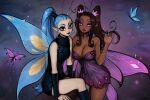  2girls absurdres antennae artist_name bare_arms bare_shoulders black_dress black_lips blue_eyeshadow blue_hair breasts brown_eyes brown_hair bug butterfly butterfly_wings choker commentary dark-skinned_female dark_skin dress english_commentary eyeshadow fairy forehead hair_tubes high_ponytail highres insect large_breasts lips lipstick long_hair looking_at_viewer makeup matilda_fiship mole mole_under_eye multiple_girls original pale_skin pink_eyes pink_eyeshadow pink_nails pointy_ears ponytail purple_lips sidelocks signature sitting sleeveless sleeveless_dress small_breasts smile sparkle strapless strapless_dress twintails very_long_hair wings 