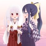  2girls arima_mizuki arima_yuzu bell blush bow commentary_request fang hair_bow hair_ornament hakama highres holding_hands japanese_clothes jingle_bell kimono kuronekogata long_hair miko multiple_girls open_mouth ponytail purple_eyes purple_hair purple_hakama purple_kimono red_eyes red_hakama ribbon smile tsuki_kagerou white_hair white_kimono 