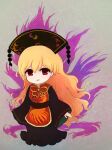  1girl bangs belt black_dress black_headwear black_sleeves brown_belt chibi chinese_clothes crescent dress energy eyebrows_visible_through_hair grey_background hair_between_eyes hat junko_(touhou) long_hair long_sleeves open_mouth orange_hair pom_pom_(clothes) red_eyes rei_(tonbo0430) simple_background smile solo standing touhou yellow_neckwear 