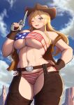  1girl american_flag american_flag_bikini american_flag_print bangs belly belt belt_buckle bikini bikini_bottom bikini_top blonde_hair blue_eyes blush breasts buckle chaps cloud colt_single_action_army cowboy_hat fingerless_gloves flag_print gloves gun hair_between_eyes handgun hat headgear holding holding_gun holding_weapon huge_breasts iowa_(kancolle) kantai_collection long_hair maku_ro navel open_clothes open_mouth panties pistol revolver side-tie_panties smile solo star-shaped_pupils star_(symbol) swimsuit symbol-shaped_pupils thick_thighs thighs trigger_discipline underwear vest weapon western 