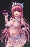  1girl breasts cleavage_cutout clothing_cutout elbow_gloves fate/grand_order fate_(series) frilled_skirt frilled_sleeves frills gloves groin happy highres holding holding_whip kimo_como layered_gloves long_hair looking_at_viewer medb_(fate) medb_(fate)_(all) navel open_mouth pink_hair prostate_massager riding_crop shiny shiny_hair skirt solo tiara whip white_gloves white_skirt yellow_eyes 