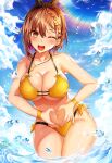  1girl absurdres ass_visible_through_thighs atelier_(series) atelier_ryza atelier_ryza_2 bangs bikini blue_sky braid breasts brown_eyes brown_hair cleavage cloud collarbone day deogho_(liujinzy9854) hair_between_eyes hair_ribbon heart heart_hands highres jewelry key korean_commentary large_breasts lens_flare looking_at_viewer medium_hair navel necklace ocean one_eye_closed open_mouth outdoors reisalin_stout ribbon sky smile solo swimsuit thigh_gap thighs underboob wading water water_drop yellow_bikini 