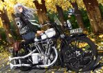  1girl ano_hito autumn biker_clothes bird checkered club_(shape) commentary_request denim engine english_text falling_leaves flower ground_vehicle jacket jeans leaf leather leather_jacket license_plate long_hair looking_at_viewer looking_back motor_vehicle motorcycle original pants silver_hair sitting sitting_on_object tree union_jack 