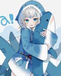  ! 1girl a_(phrase) animal_hood blue_eyes blue_hair blue_hoodie blue_nails catchphrase chiemo_(xcem) commentary cowboy_shot fangs fins fish_tail gawr_gura gawr_gura_(1st_costume) grey_background grey_hair holding holding_stuffed_toy hololive hololive_english hood hoodie looking_at_viewer medium_hair multicolored_hair nail_polish open_mouth shark_girl shark_hood shark_tail sharp_teeth simple_background solo streaked_hair stuffed_animal stuffed_shark stuffed_toy tail teeth two-tone_hair virtual_youtuber wide_sleeves 