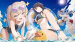  3girls :3 ahoge anchor_symbol antenna_hair artist_name azur_lane bache_(azur_lane) ball baltimore_(azur_lane) bangs bare_arms bare_legs bikini black_bikini blonde_hair blue_sky breast_press breasts brown_hair cloud eyebrows_visible_through_hair foreshortening grey_hair half-closed_eyes heart heart-shaped_eyewear holding holding_ball innertube kotoribako large_breasts light_blush light_rays looking_at_viewer looking_back multiple_girls navel no_nose ocean official_art one-piece_swimsuit open_mouth outdoors pineapple_print pink-tinted_eyewear prinz_eugen_(azur_lane) purple_eyes red_bikini rubber_duck sky smile sparkle splashing sun sunglasses swimsuit thick_eyebrows two_side_up wading water wristband yellow_eyes 