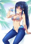  1girl arm_support bangs bikini bikini_under_clothes blue_hair blue_swimsuit blush bottle breasts bunji diving_suit front-tie_bikini front-tie_top highres holding holding_bottle large_breasts leaf long_hair looking_at_viewer love_live! love_live!_sunshine!! matsuura_kanan navel open_wetsuit parted_bangs ponytail purple_eyes sidelocks sitting smile solo stomach striped striped_bikini sweat swimsuit underboob very_long_hair water_bottle wetsuit 