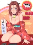  1girl 2021 absurdres animal_ears bare_shoulders bell blue_eyes breasts chinese_zodiac choker cleavage code_geass cow cow_ears cow_horns highres horns japanese_clothes kallen_stadtfeld kimono large_breasts looking_at_viewer neck_bell new_year obi off_shoulder open_mouth paintbrush print_kimono red_kimono sash sitting smile solo year_of_the_ox yone-chan_(kuwm5222) 