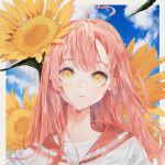  1girl ahoge bangs blue_sky cloud cloudy_sky day expressionless flower highres leaf long_hair looking_at_viewer mile_(mil2) original pink_hair pink_sailor_collar portrait sailor_collar shadow shirt sky solo sunflower white_shirt yellow_eyes yellow_flower 