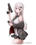  1girl absurdres alternate_hairstyle breasts five-seven_(girls_frontline) five-seven_(gun) frilled_shirt frills girls_frontline gun hair_down handgun highres lithographica long_hair medium_breasts orange_eyes shirt sleeveless sleeveless_shirt solo very_long_hair weapon white_hair 