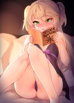  1girl bangs blonde_hair blush book cameltoe commentary english_commentary english_text eyebrows_visible_through_hair fischl_(genshin_impact) genshin_impact green_eyes helltaker highres holding holding_book long_hair nipples nose_blush open_mouth reading ricegnat see-through sitting solo two_side_up 