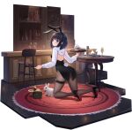  1girl acasta_(azur_lane) acasta_(monochromatic_marvel)_(azur_lane) alcohol allenes animal_ears azur_lane bar black_footwear blue_eyes bunny bunny_ears bunny_tail carpet cocktail_glass cup drinking_glass fake_tail from_behind high_heels highres kneeling looking_at_viewer looking_back manjuu_(azur_lane) medium_hair official_alternate_costume official_art pantyhose round_table shoes sleeve_cuffs solo tail thigh_strap transparent_background white_sleeves 