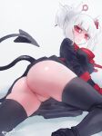  1girl ass bangs black_legwear blunt_bangs blush breasts clothes_lift commentary demon_girl demon_horns demon_tail from_behind frown hair_bun helltaker highres horns long_sleeves looking_at_viewer looking_back lucifer_(helltaker) mole mole_under_eye noaharbre panties red_eyes red_neckwear red_shirt shiny shiny_skin shirt simple_background skindentation skirt skirt_lift solo tail thighhighs underwear white_hair white_horns white_panties 