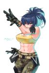  1girl abs artist_name background_text bangs biceps blue_eyes blue_hair breasts camouflage camouflage_pants cleavage covered_nipples dog_tags earrings gloves hair_over_one_eye highres jewelry leona_heidern looking_at_viewer looking_away midriff muscular muscular_female navel pants pouch sakura_mafumi sleeveless solo tank_top the_king_of_fighters the_king_of_fighters_xv triangle_earrings twitter_username yellow_tank_top 