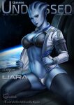  1girl black_legwear blue_eyes blue_skin breasts colored_skin commentary cover dandon_fuga freckles highres jacket large_breasts liara_t&#039;soni magazine_cover mass_effect midriff navel open_clothes open_jacket seiza sitting solo thick_thighs thighhighs thighs 