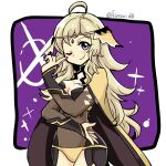  1girl ahoge bangs blonde_hair bodystocking breasts cape circlet closed_mouth fire_emblem fire_emblem_fates grey_eyes long_hair looking_at_viewer medium_breasts one_eye_closed ophelia_(fire_emblem) purple_background smile upper_body yukia_(firstaid0) 