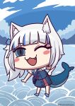  1girl absurdres animal_ear_fluff animal_ears bangs blue_eyes blue_hair cat_ears chibi eyebrows_visible_through_hair fang fish_tail full_body gawr_gura highres hololive hololive_english kemonomimi_mode looking_at_viewer multicolored_hair official_alternate_costume one_eye_closed open_mouth porko riyo_(lyomsnpmp)_(style) shark_tail silver_hair solo tail twitter_username virtual_youtuber 