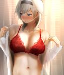  1girl bare_shoulders black_headband blue_eyes blush bra breasts closed_mouth embarrassed eyebrows_visible_through_hair grey_hair hair_between_eyes headband highres lace lace_bra large_breasts navel open_clothes open_shirt original red_bra see-through short_hair solo tama_(seiga46239239) underwear undressing 