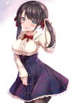  1girl bangs black_hair blue_eyes blue_skirt blush bow breasts commentary_request cowboy_shot eyebrows_visible_through_hair frilled_shirt_collar frilled_skirt frills hair_ribbon hand_up high-waist_skirt highres holding holding_hair hololive large_breasts long_hair long_sleeves looking_at_viewer meme_attire oozora_subaru pantyhose red_bow red_ribbon ribbon shirt skirt solo standing twintails virgin_killer_outfit virtual_youtuber white_background white_shirt yuano 