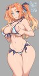 1girl 2021 agawa_ryou belly bikini blue_bikini blue_eyes breasts commentary curvy dated english_commentary engrish_commentary gradient_hair grey_background halterneck large_breasts long_hair multicolored_hair navel orange_hair original side-tie_bikini simple_background solo string_bikini swimsuit thick_thighs thighs 