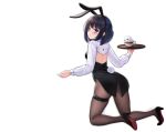  1girl acasta_(azur_lane) acasta_(monochromatic_marvel)_(azur_lane) alcohol allenes animal_ears azur_lane bar black_footwear blue_eyes bunny bunny_ears bunny_tail carpet cup drinking_glass fake_tail from_behind high_heels highres kneeling looking_at_viewer looking_back manjuu_(azur_lane) medium_hair official_alternate_costume official_art pantyhose shoes sleeve_cuffs solo tail thigh_strap transparent_background white_sleeves 