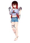  anklet bare_hips bare_legs bare_shoulders barefoot epic_fail_project erica_naito highres jewelry legs mechanical_arms mechanical_parts original red_hair scissors self_upload shirt shorts single_mechanical_arm t-shirt toes transparent_background 