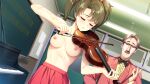  1boy 1girl age_difference black_neckwear breasts brown_hair classroom clock_eyes closed_eyes closed_mouth doukyuusei game_cg glasses hair_intakes hair_ornament highres holding holding_instrument instrument jacket long_hair medium_breasts music nipples official_art over-rim_eyewear pink_jacket playing_instrument pleated_skirt red_skirt semi-rimless_eyewear shiny shiny_hair short_hair skirt sumeragi_kohaku symbol-shaped_pupils tears topless twintails violin whip_marks 