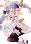  1girl 1other ;d animal_ear_fluff animal_ears black_gloves black_legwear blue_hair braid breasts bunny_ears bunny_pose carrot_hair_ornament detached_sleeves don-chan_(usada_pekora) eyebrows_visible_through_hair food-themed_hair_ornament fur_trim gloves hair_ornament highres hololive jumping long_hair looking_at_viewer multicolored_hair one_eye_closed open_mouth pantyhose puffy_short_sleeves puffy_sleeves rabbit_girl short_sleeves simple_background sirentab smile thick_eyebrows twin_braids twintails two-tone_hair usada_pekora virtual_youtuber white_background white_hair 