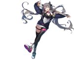  1girl :d artist_request azur_lane bare_shoulders baseball_bat black_legwear blue_jacket bow bright_pupils covered_navel dress floating_hair full_body grey_hair hair_bow hair_horns head_tilt highres holding jacket long_hair long_sleeves looking_at_viewer multicolored_hair off_shoulder official_art open_clothes open_jacket open_mouth outstretched_arms pink_eyes san_francisco_(azur_lane) shoes single_leg_pantyhose single_thighhigh sleeveless sleeveless_dress smile solo streaked_hair thigh_strap thighhighs transparent_background twintails very_long_hair white_dress white_footwear 