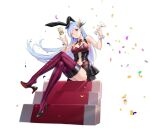  1girl animal_ears azur_lane bare_shoulders black_footwear black_hair blue_eyes blue_hair bow bowtie breasts bunny_ears clothing_cutout cocktail_glass cup detached_collar drinking_glass fake_animal_ears from_below full_body high_heels highres holding holding_cup leotard long_hair looking_at_viewer manjuu_(azur_lane) navel_cutout official_alternate_costume official_art one_eye_closed playboy_bunny purple_legwear red_legwear red_neckwear shoes sitting solo strapless strapless_leotard striped striped_legwear thighhighs ticonderoga_(azur_lane) ticonderoga_(show_stopper!)_(azur_lane) tomohiro_kai transparent_background two-tone_legwear very_long_hair wrist_cuffs 