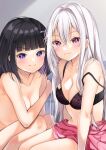  2girls bangs bare_arms bare_shoulders black_bra black_hair blunt_bangs blush bra breast_hold breasts cleavage closed_mouth collarbone commentary_request covering covering_breasts eyebrows_visible_through_hair hair_between_eyes highres knees_up long_hair looking_at_viewer medium_breasts multiple_girls nude original pink_skirt purple_eyes sitting skirt smile squatting strap_slip underwear v-shaped_eyebrows very_long_hair white_hair yoshida_iyo 