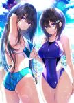  2girls black_hair blue_eyes blue_sky blue_swimsuit breasts cloud commentary_request competition_swimsuit cowboy_shot day hair_ornament hairclip highres holding_hands large_breasts long_hair looking_at_viewer medium_breasts multiple_girls one-piece_swimsuit original outdoors red_eyes short_hair sky standing swimsuit tsurugi_hikaru wet wet_clothes wet_swimsuit 