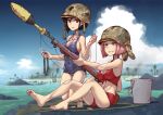  2girls barefoot bikini black_hair blue_sky blue_swimsuit bob_cut breasts bucket casual_one-piece_swimsuit clip_(weapon) cloud covered_navel day erica_(naze1940) feet gun helmet highres holding holding_gun holding_weapon large_breasts legs medium_breasts multiple_girls navel one-piece_swimsuit original outdoors pink_hair red_bikini red_eyes rifle short_hair sky swimsuit weapon 