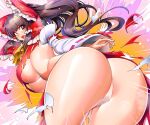 1girl ass bangs bent_over bow breasts brown_eyes brown_hair cameltoe detached_sleeves emphasis_lines eyebrows_visible_through_hair hair_bow hair_tubes hakurei_reimu highres large_breasts looking_at_viewer looking_back nontraditional_miko panties red_bow red_shirt ribbon-trimmed_sleeves ribbon_trim shirt solo torn_clothes touhou umigarasu_(kitsune1963) underboob underwear white_panties yellow_neckwear 