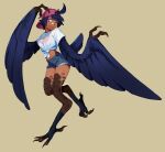  1girl ahoge artist_name backwards_hat bandage_on_face bandages bangs baseball_cap bird_legs bird_tail black_feathers black_hair black_legwear bra brown_background claws commentary dark-skinned_female dark_skin denim denim_shorts english_commentary eyebrows_visible_through_hair feathered_wings feathers harpy hat highres midriff monster_girl one_eye_closed original pink_bra pink_eyes pink_headwear see-through shirt short_hair short_shorts short_sleeves shorts simple_background socks solo symbol_commentary tail tail_feathers talons tied_shirt toeless_legwear tomboy tongue tongue_out underwear white_shirt winged_arms wings zambiie 