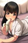 1girl absurdres banana bangs black_hair blurry blurry_background blush collared_shirt depth_of_field eyebrows_visible_through_hair food fruit highres holding holding_food long_hair looking_at_viewer lying matsunaga_kouyou nose_blush on_stomach open_clothes open_mouth open_shirt original shirt short_sleeves solo tongue tongue_out upper_body white_shirt 