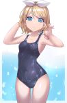  1girl absurdres bangs blonde_hair blue_eyes blue_swimsuit bow commentary cowboy_shot hair_bow hair_ornament hairclip hands_in_hair hands_up highres kagamine_rin looking_at_viewer one-piece_swimsuit parted_lips saikuu school_swimsuit short_hair shoulder_tattoo solo standing swept_bangs swimsuit tattoo thigh_gap vocaloid wet wet_clothes white_bow 