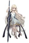  1girl absurdly_long_hair absurdres bangs bare_arms bare_shoulders brown_choker brown_footwear character_request choker collarbone dress fixro2n frilled_dress frills full_body grin hair_between_eyes highres holding holding_sword holding_weapon light_brown_hair long_hair looking_at_viewer official_art red_eyes sandals shuuen_no_youjo_eruru_to_shinazu_no_raiza simple_background sleeveless sleeveless_dress smile solo sword very_long_hair weapon white_background white_dress 