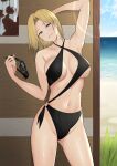  1girl arm_up armpits ass_visible_through_thighs bare_shoulders beach black-framed_eyewear black_swimsuit blonde_hair blue_eyes breasts casual_one-piece_swimsuit cleavage collarbone commentary_request contrapposto criss-cross_halter day earrings eyewear_removed groin halterneck head_tilt highres jewelry large_breasts lens_flare looking_at_viewer navel nori_gorou o-ring ocean one-piece_swimsuit original outdoors parted_lips short_hair smile solo stomach sunglasses sunlight swimsuit thighs wet wooden_wall 