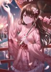  1girl absurdres bangs blush brown_hair cherry_blossoms flower frilled_kimono frills hair_flower hair_ornament highres huge_filesize japanese_clothes kimono long_hair looking_at_viewer oil-paper_umbrella original petals red_eyes sarin_(seoling) smile straight_hair umbrella 