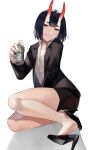  1girl alcohol beer beer_can blazer blazpu can fate/grand_order fate_(series) high_heels highres horns jacket legs office_lady oni_horns open_mouth purple_eyes purple_hair shoe_dangle short_hair shuten_douji_(fate) simple_background sitting smile thighs white_background 