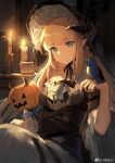  1girl arknights bangs bird bird_on_hand black_dress black_headwear blonde_hair blue_eyes blunt_bangs bonnet candle commentary_request dress eyebrows_visible_through_hair hand_up highres horns jack-o&#039;-lantern long_hair nightingale_(an_elegy)_(arknights) nightingale_(arknights) official_alternate_costume sitting solo weibo_username yayako_(804907150) 