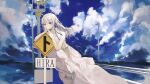  1girl absurdres bangs blue_eyes blue_ribbon blue_sky cloud cloudy_sky dress grey_hair hands_up highres huge_filesize long_hair looking_at_viewer mile_(mil2) original ribbon shadow sign sky sleeveless sleeveless_dress solo white_dress 