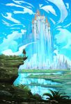  1boy absurdres anato_finnstark blonde_hair blue_sky castle cloud cloudy_sky commentary day english_commentary facing_away from_behind grass highres huge_filesize link outdoors scenery shield sky solo standing the_legend_of_zelda very_wide_shot 