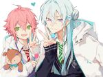  2boys :d ahoge aqua_hair bangs black_sweater braid candy closed_mouth commentary ensemble_stars! food green_eyes green_neckwear hair_between_eyes heart hibiki_wataru himemiya_touri holding holding_candy holding_food holding_lollipop holding_stuffed_toy hood hoodie lollipop long_hair long_sleeves male_focus multiple_boys necktie open_clothes open_hoodie open_mouth pink_hair purple_eyes purple_sweater_vest red_neckwear shirt short_hair side_braid side_bun simple_background single_braid sleeves_past_wrists smile striped striped_neckwear stuffed_toy sweater sweater_vest undershirt upper_body v white_background white_hoodie white_neckwear white_shirt zangyaacco zipper 