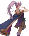  1girl a_(user_vtsy8742) arm_up bangs blue_eyes cape dress fire_emblem fire_emblem:_genealogy_of_the_holy_war hair_ribbon hairband highres jewelry long_hair looking_back ponytail purple_dress purple_hair ribbon simple_background solo tailtiu_(fire_emblem) thigh_strap thighs white_background 