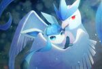  alopias articuno blue_eyes blurry closed_mouth gen_1_pokemon gen_4_pokemon glaceon hug legendary_pokemon looking_to_the_side mixed-language_commentary no_humans paws pokemon pokemon_(creature) toes 